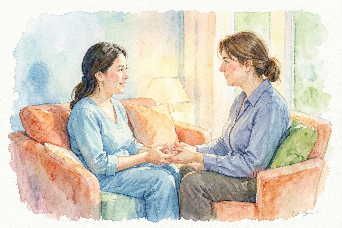 Uma pessoa em uma sessão de terapia, conversando com um terapeuta em um ambiente acolhedor.