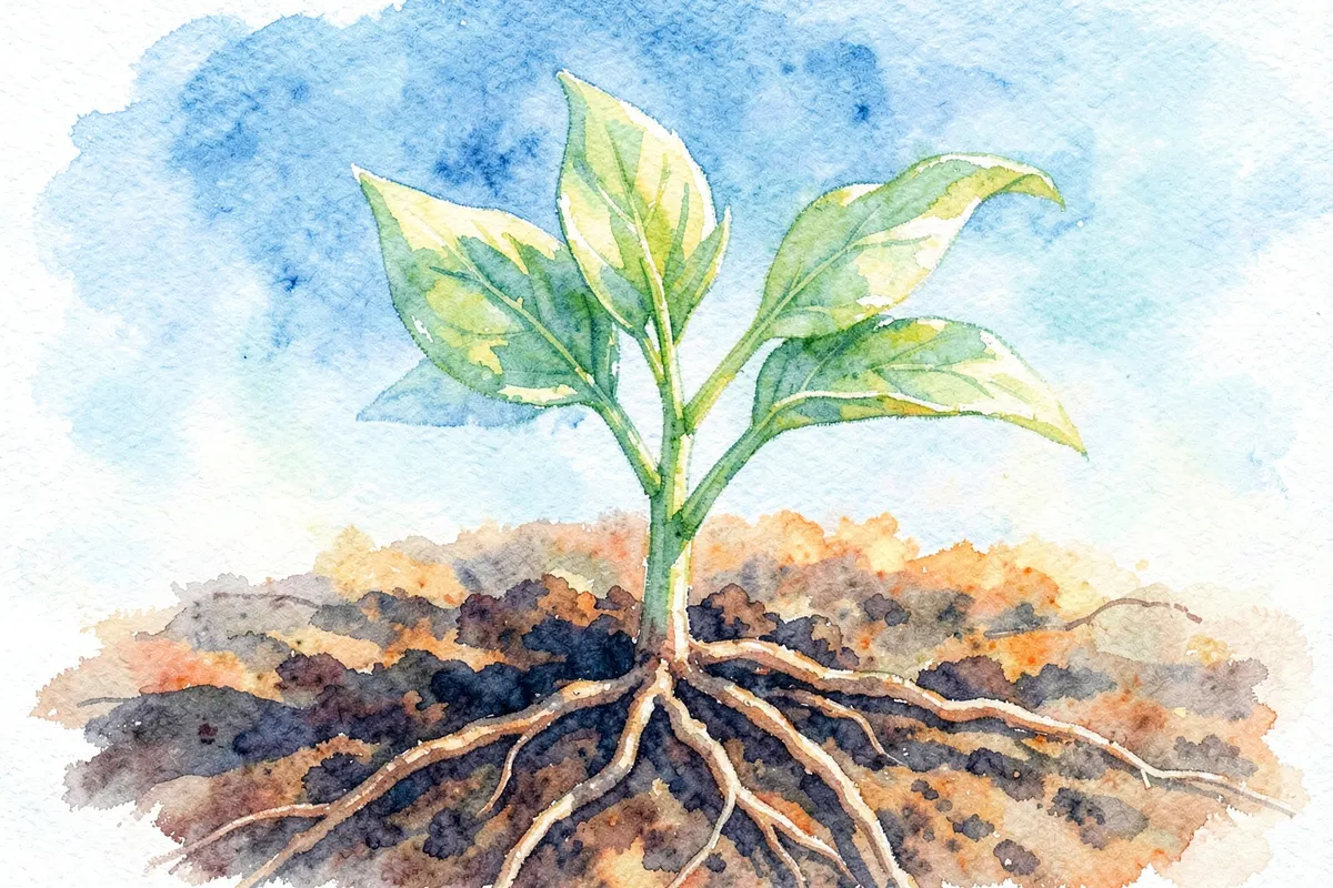 Uma imagem simbólica de uma planta crescendo a partir de um solo fértil, representando desenvolvimento.
