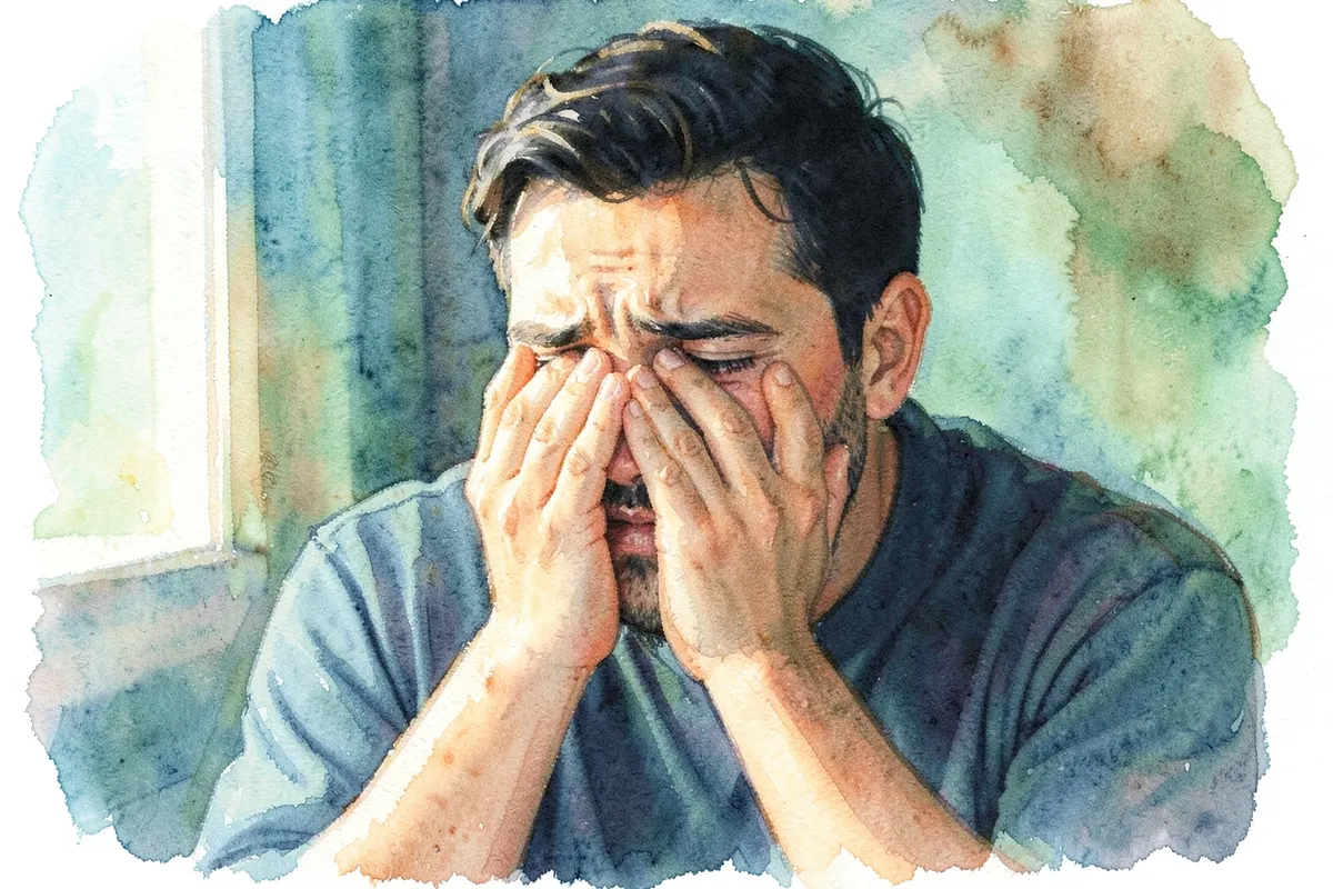 Um homem com as mãos cobrindo o rosto, sentado sozinho em uma sala com pouca luz, parecendo angustiado.