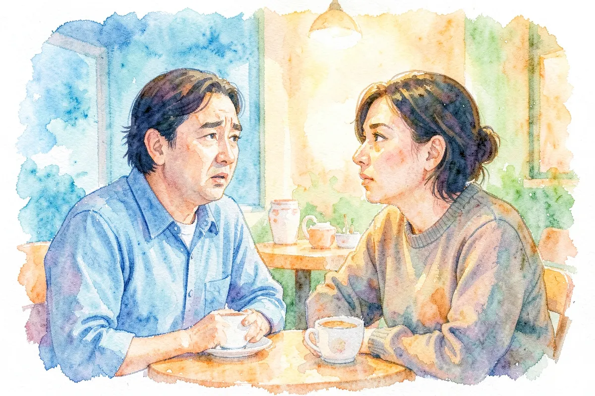 Duas pessoas conversando em um café, uma delas parece desconfortável e evita o contato visual.