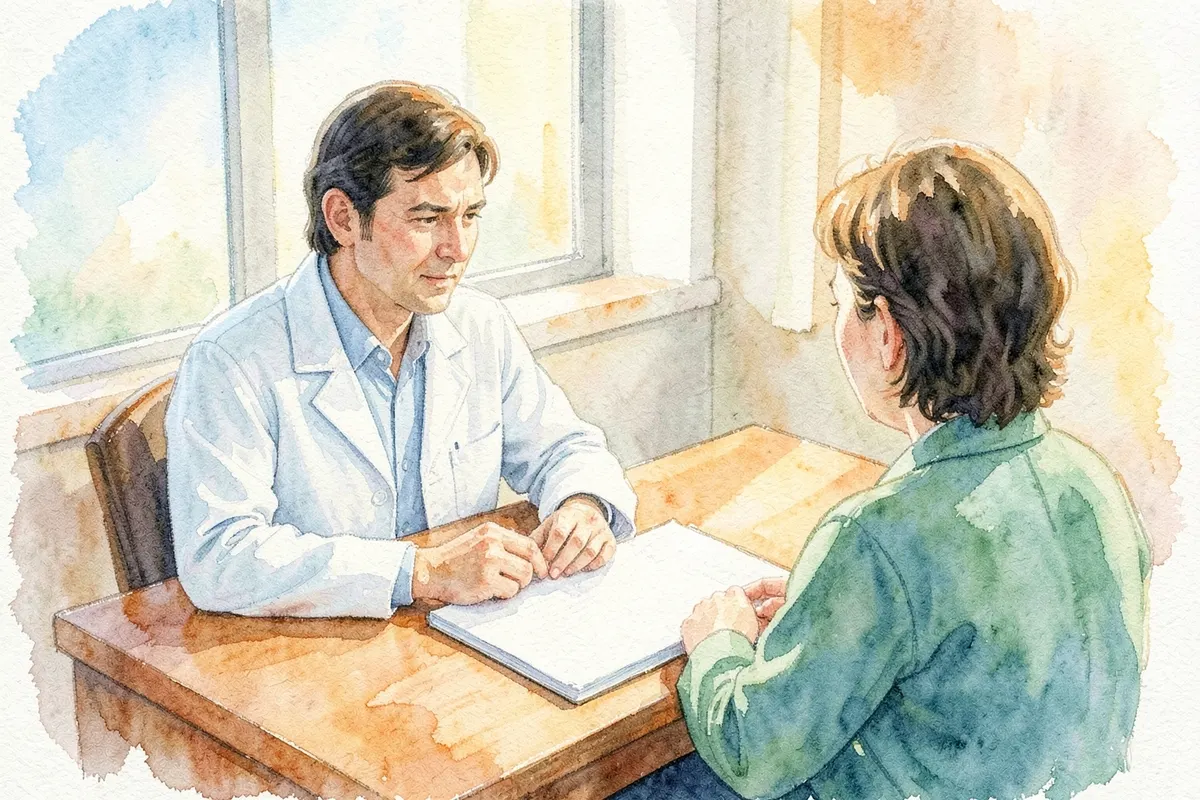 Um médico conversando com um paciente em um consultório, com um prontuário fechado sobre a mesa.