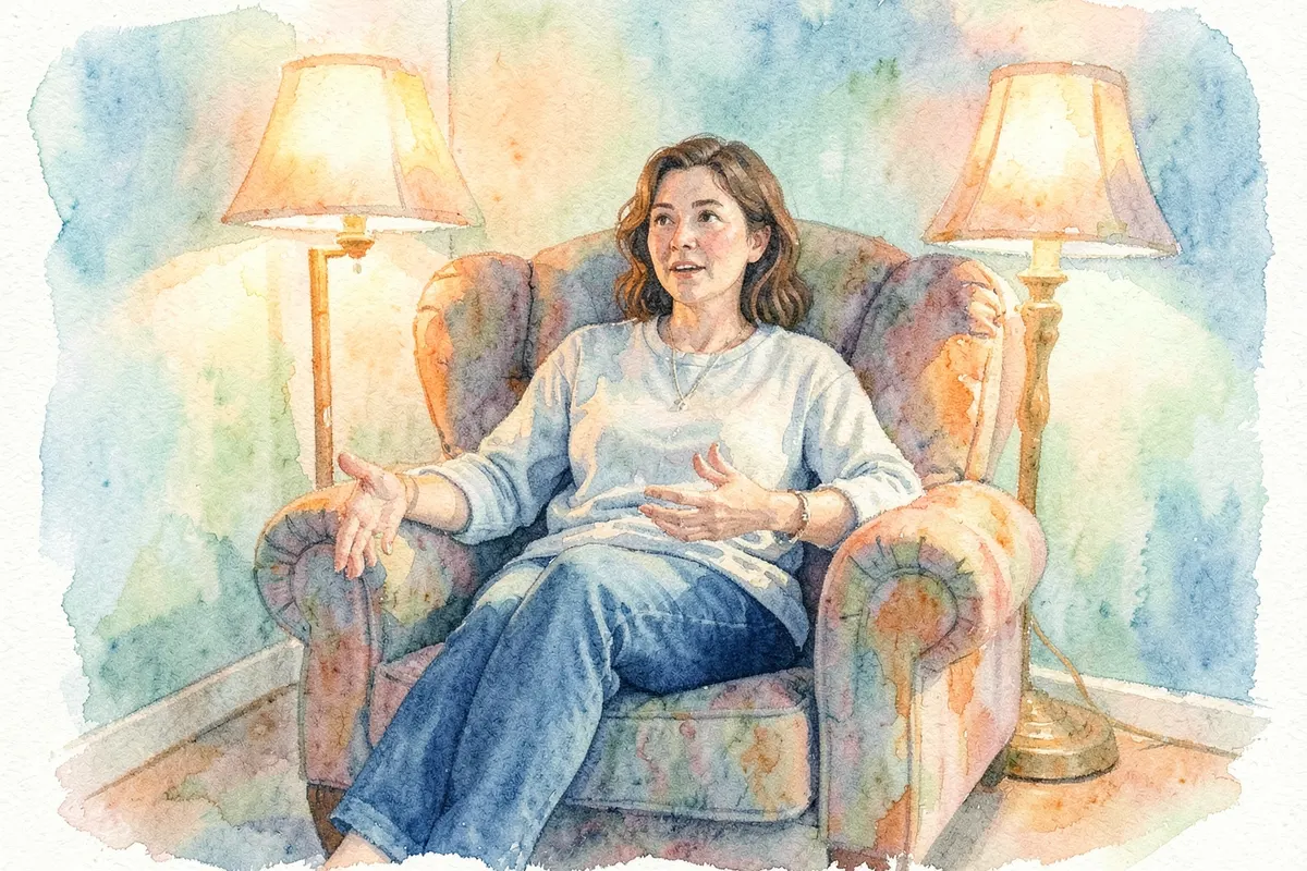 Uma pessoa em uma sessão de terapia, sentada em uma poltrona confortável, conversando com um terapeuta fora de quadro.