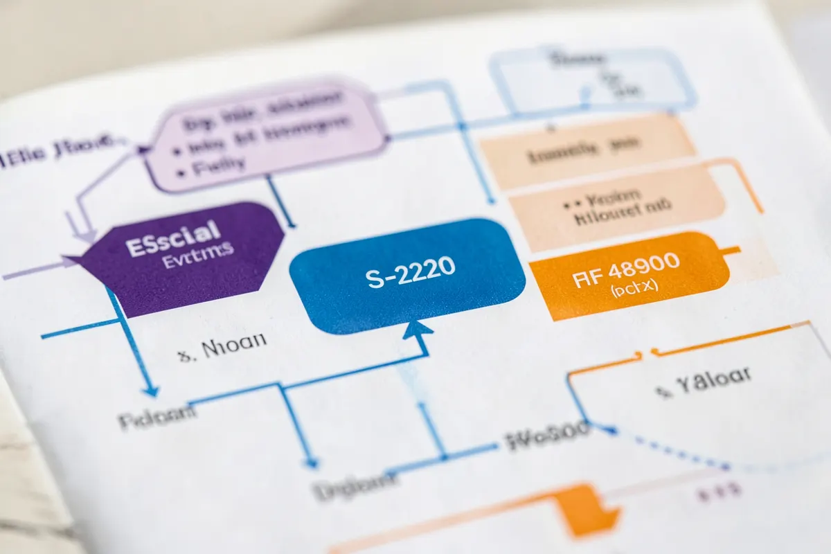 Diagrama simplificado mostrando a estrutura do eSocial com caixas de texto representando diferentes eventos, incluindo S-2220.