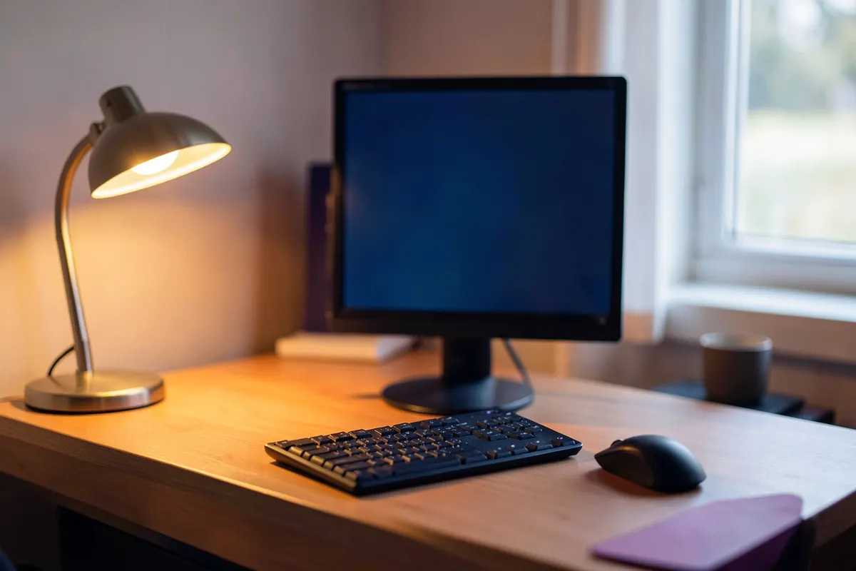 Uma estação de trabalho com monitor, teclado e mouse, com boa iluminação e organização.
