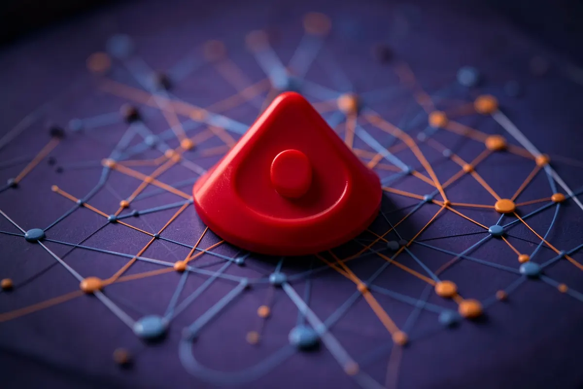 Símbolo de alerta vermelho sobre um diagrama de rede de pessoas interconectadas.