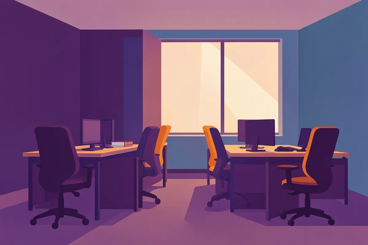 Pequeno escritório com mesas organizadas e cadeiras ergonômicas, sugerindo um ambiente de trabalho eficiente.