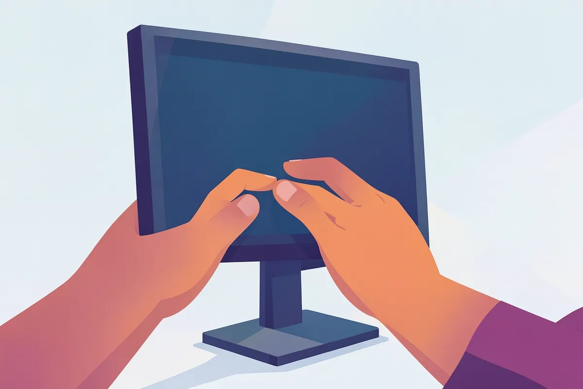 Mãos de um trabalhador ajustando um monitor de computador em um suporte para melhor visualização.