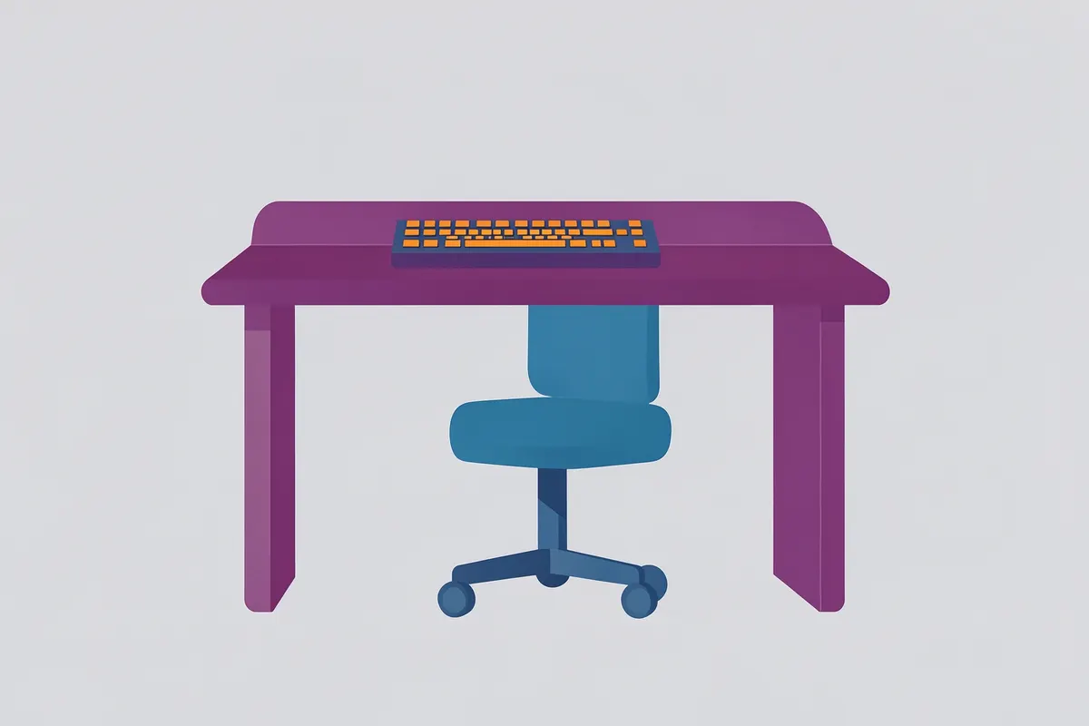Diagrama simples mostrando a relação entre a altura da mesa, cadeira e teclado para ergonomia.