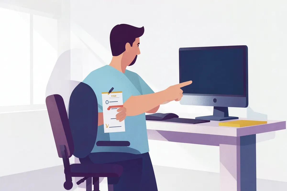 Pessoa utilizando um checklist para avaliar a ergonomia de um posto de trabalho.