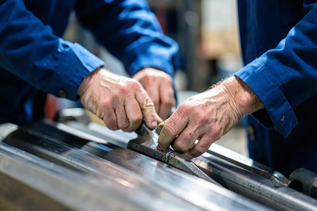 Mãos de um trabalhador ajustando uma ferramenta em uma linha de produção industrial.