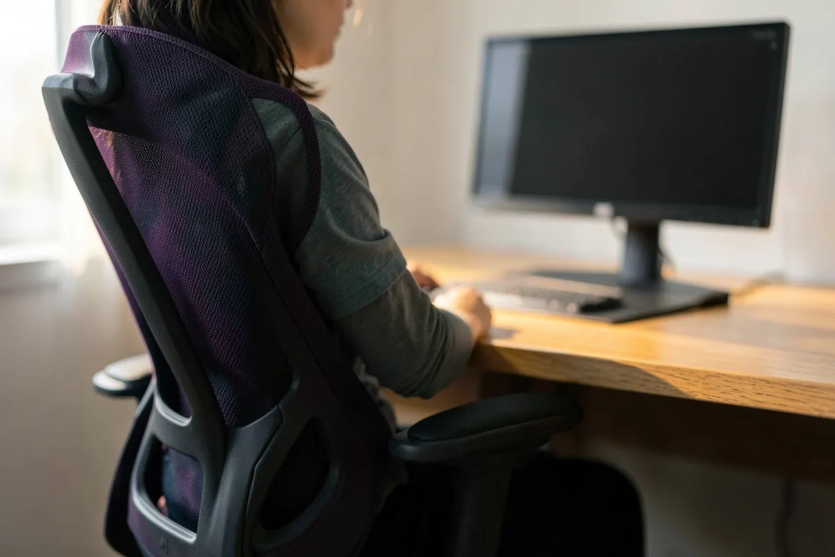 Close-up de um trabalhador sentado em uma cadeira ergonômica em frente a um computador.