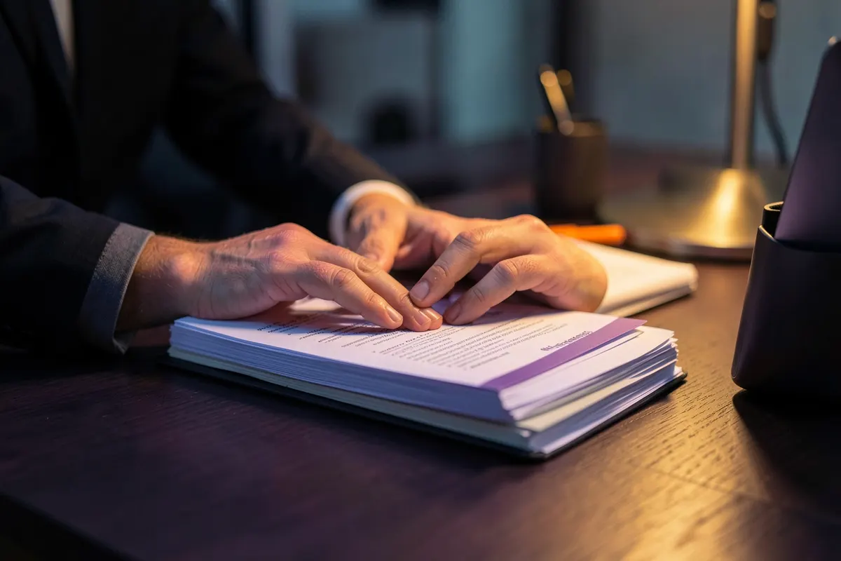Mãos de um gestor organizando papéis em uma mesa de escritório.