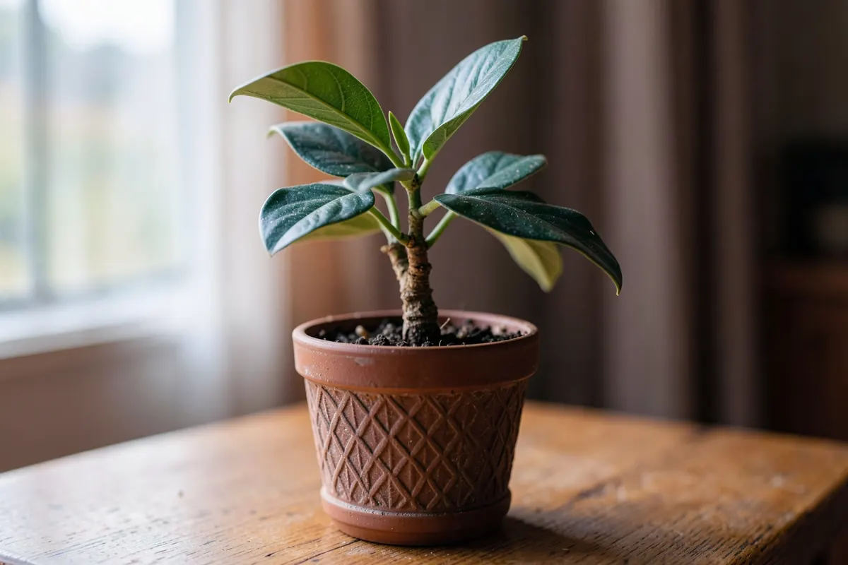 Uma planta crescendo em um vaso sobre uma mesa, simbolizando o crescimento e o bem-estar no ambiente de trabalho.