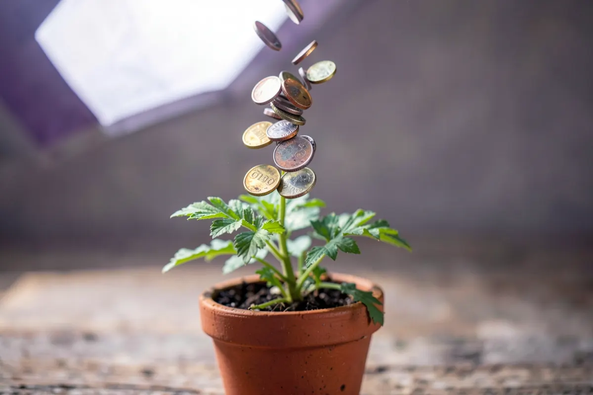 Uma pilha de moedas de diferentes valores caindo em direção a uma planta crescendo, simbolizando o custo do absenteísmo.