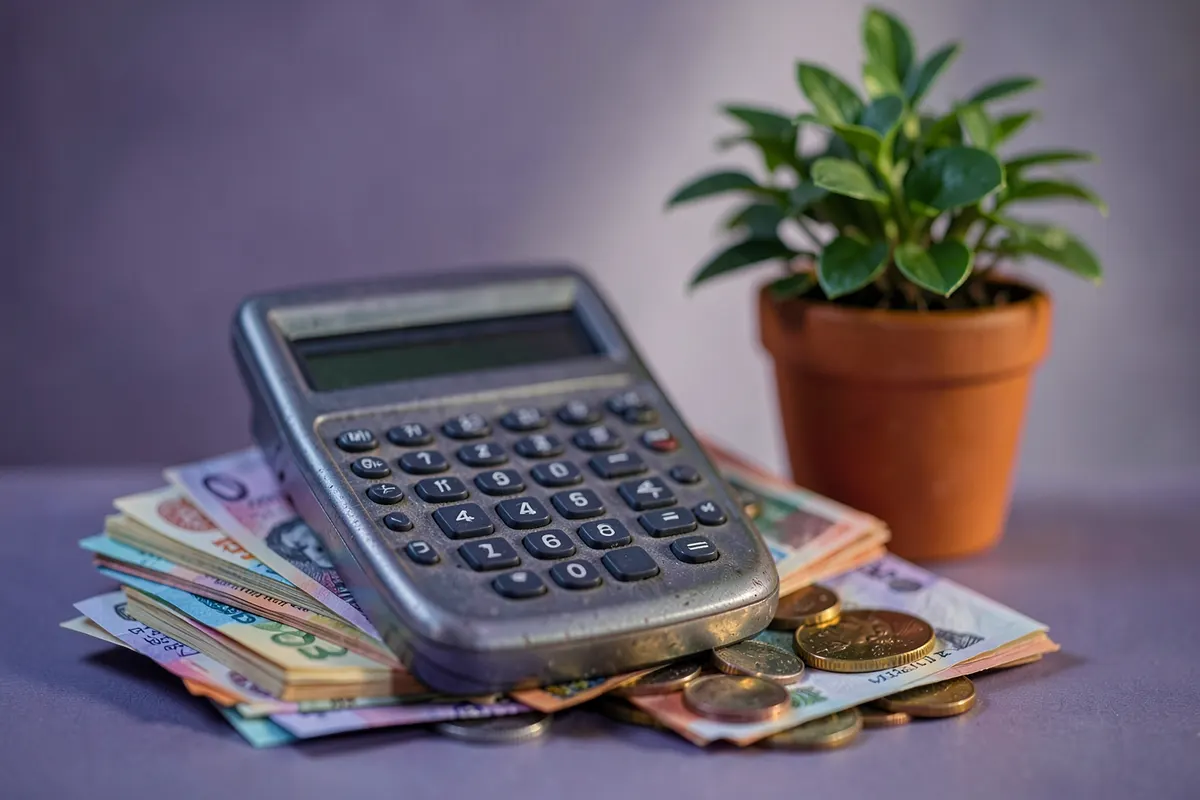 Uma calculadora sobre uma pilha de notas de dinheiro e moedas, com uma planta crescendo ao lado.