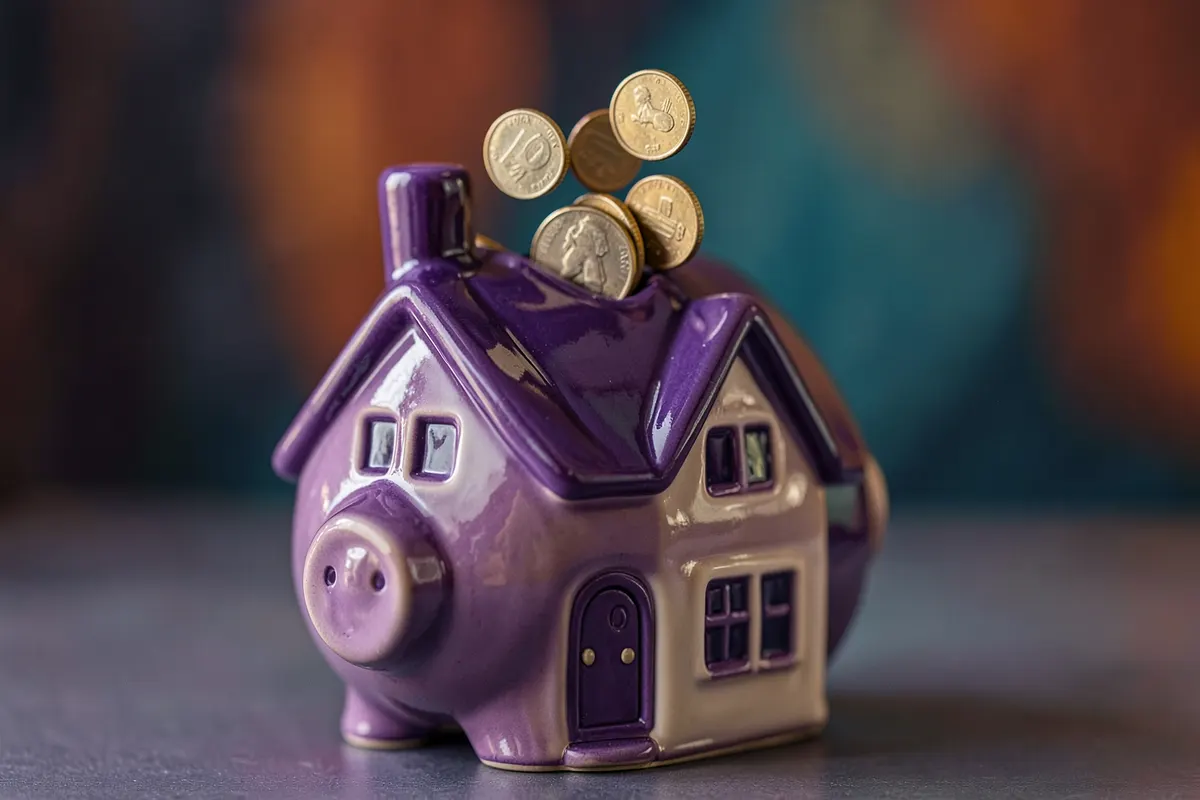 Mãos colocando moedas em um cofrinho em forma de casa, simbolizando investimento em um ambiente de trabalho seguro e produtivo.