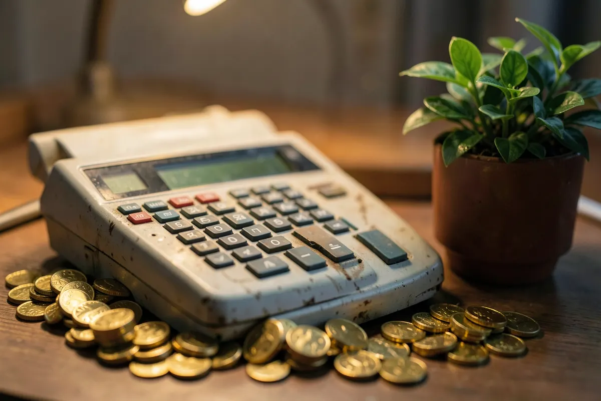 Calculadora ao lado de moedas de ouro e um gráfico de crescimento, representando o cálculo do retorno sobre investimento em ergonomia.