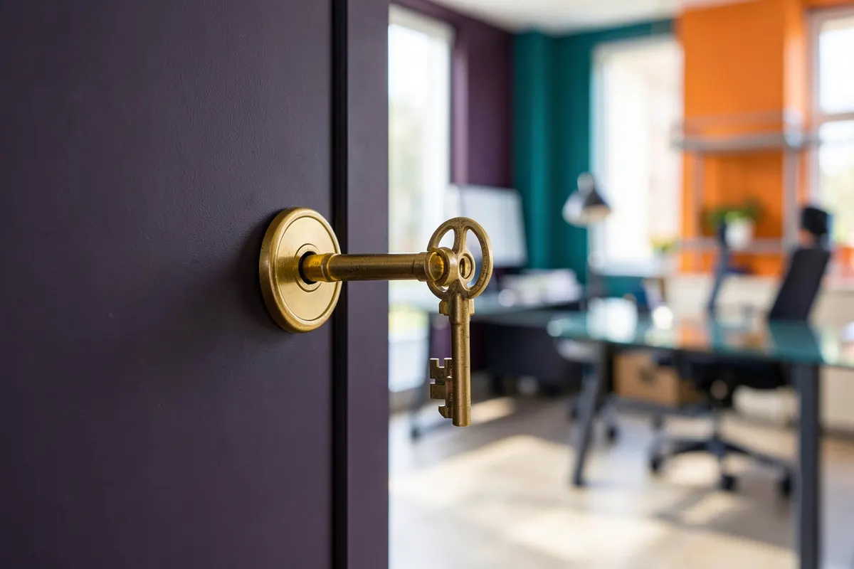 Chave dourada abrindo uma porta que revela um ambiente de escritório moderno e iluminado, simbolizando o impacto positivo do ROI em ergonomia nas decisões de investimento.