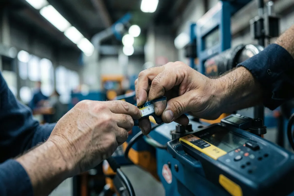 Mãos de um trabalhador manipulando um equipamento de medição ergonômica em um ambiente de fábrica.