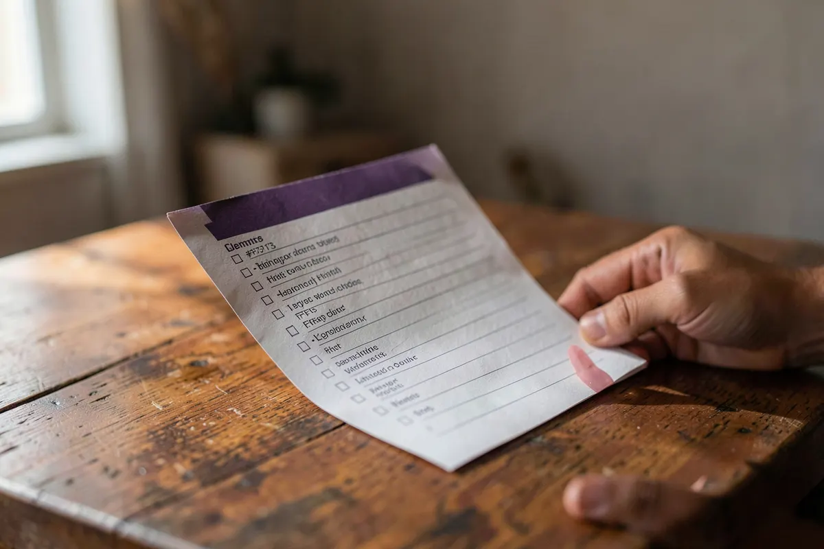 Uma pessoa analisando um documento de checklist em uma mesa.