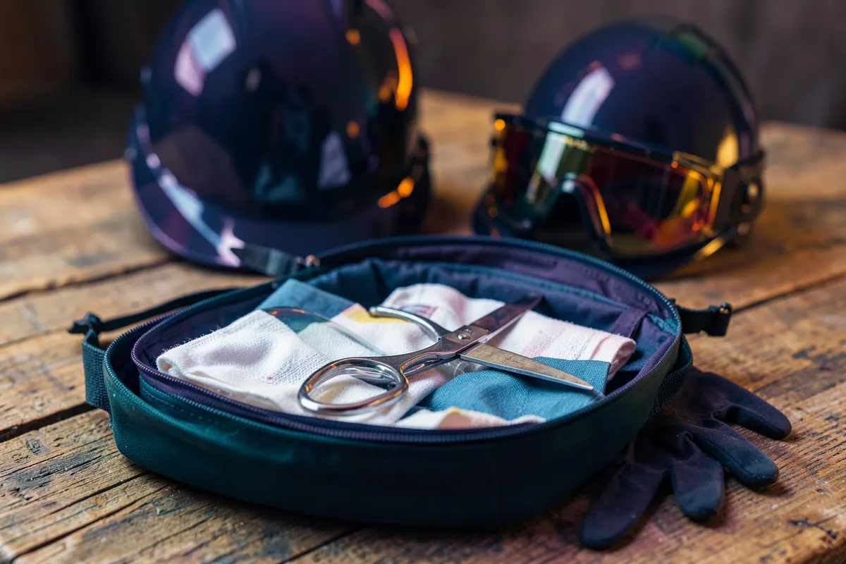 Um kit de primeiros socorros aberto com bandagens, tesouras e luvas, ao lado de um capacete de segurança e óculos de proteção sobre uma superfície de madeira.