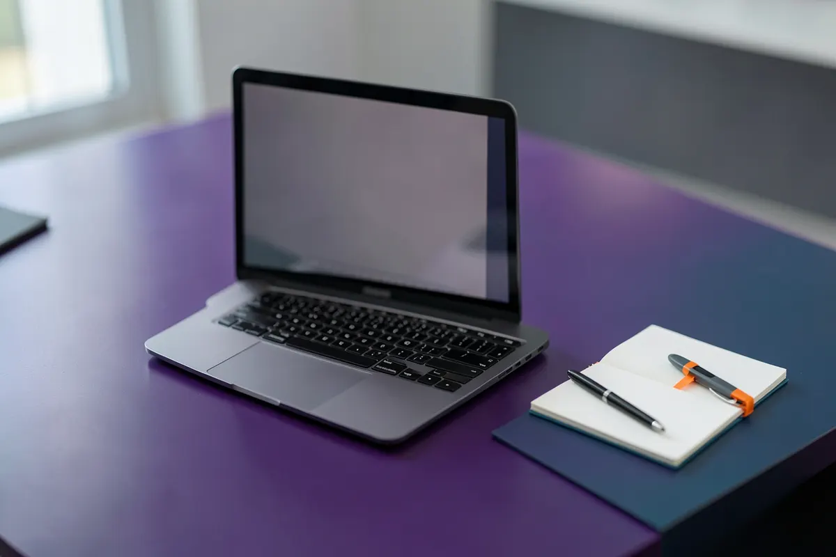Uma mesa de escritório com um laptop aberto, um teclado, um mouse e um bloco de notas com uma caneta ao lado, em um ambiente de escritório limpo.