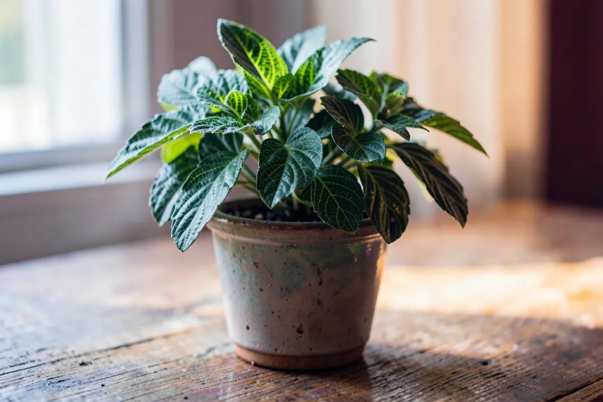 Uma planta crescendo em um vaso de cerâmica em uma mesa de madeira, com luz solar suave entrando pela janela ao fundo.