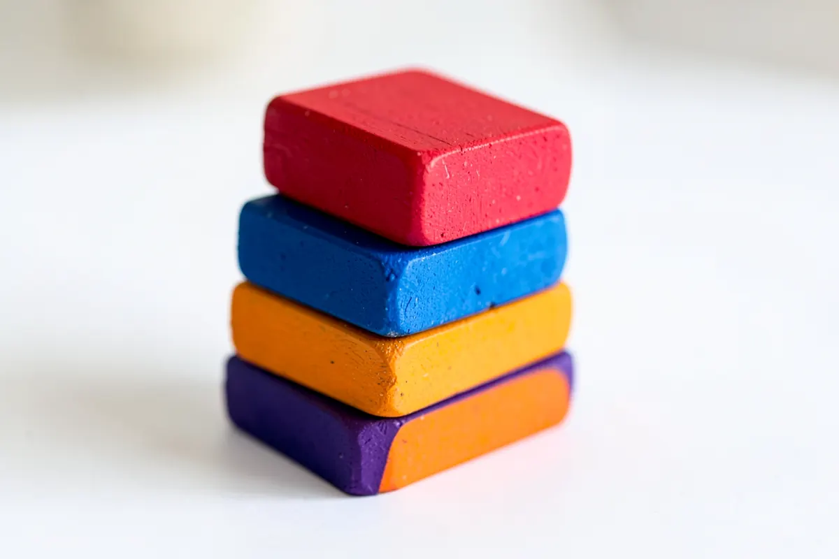 Uma pilha de blocos de madeira coloridos empilhados em uma superfície branca, com um bloco vermelho no topo.