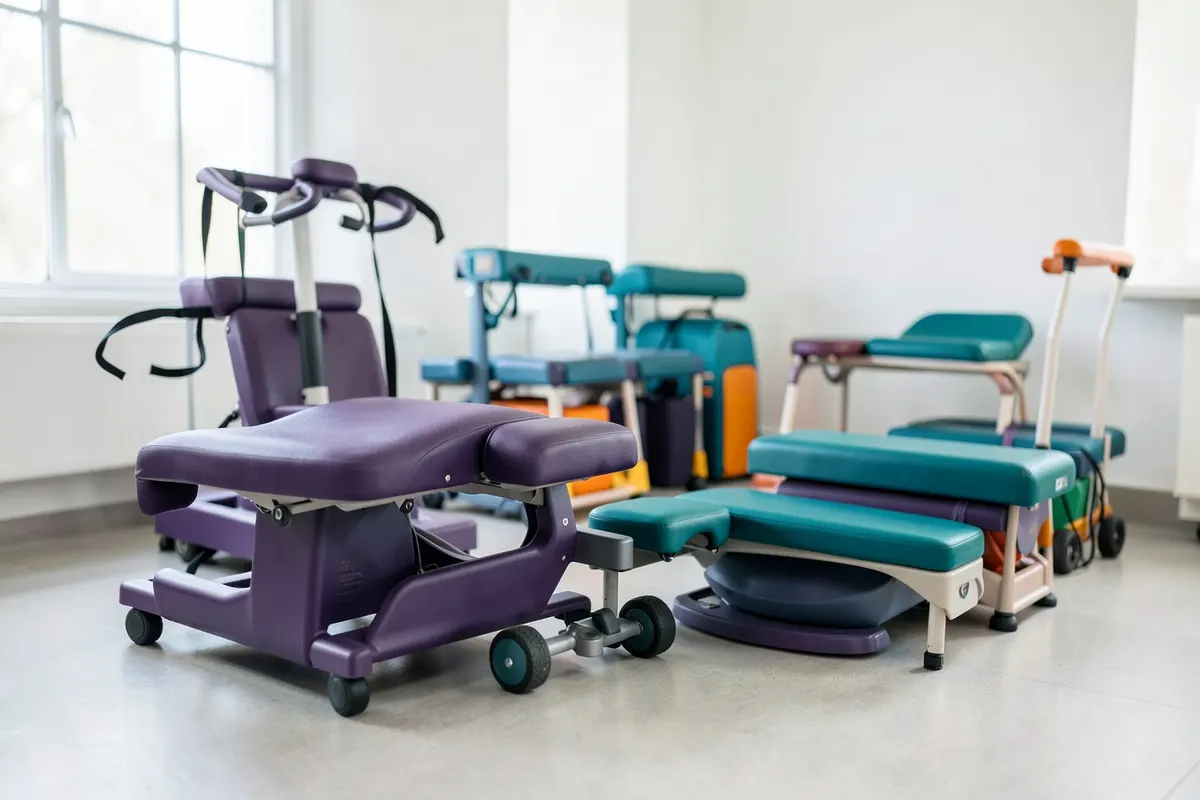 Um conjunto de equipamentos de fisioterapia organizados em uma sala de clínica.