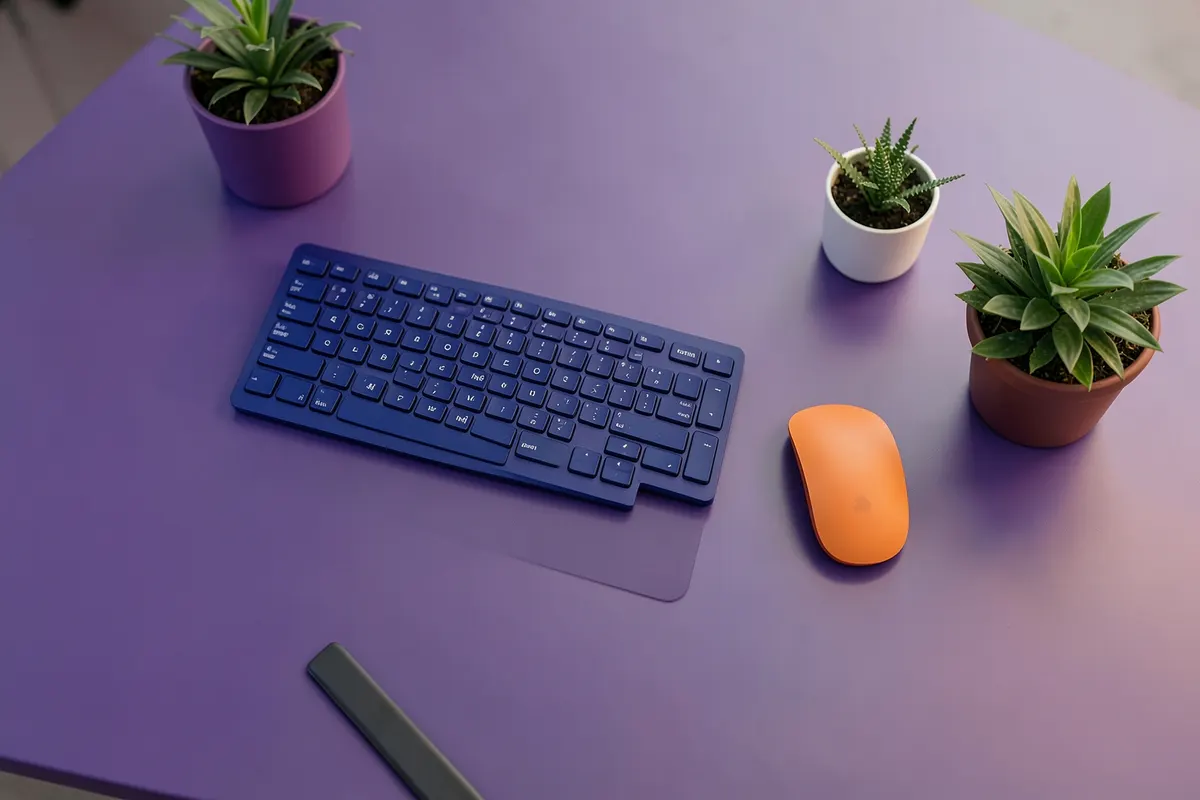 Vista aérea de uma estação de trabalho de escritório com um teclado, mouse e um pequeno vaso de plantas.