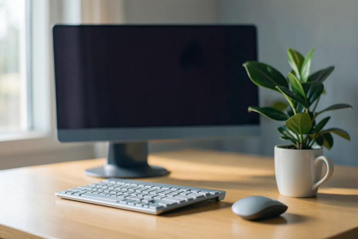 Mesa de escritório com monitor, teclado e mouse organizados, ao lado de uma planta e uma xícara de café.