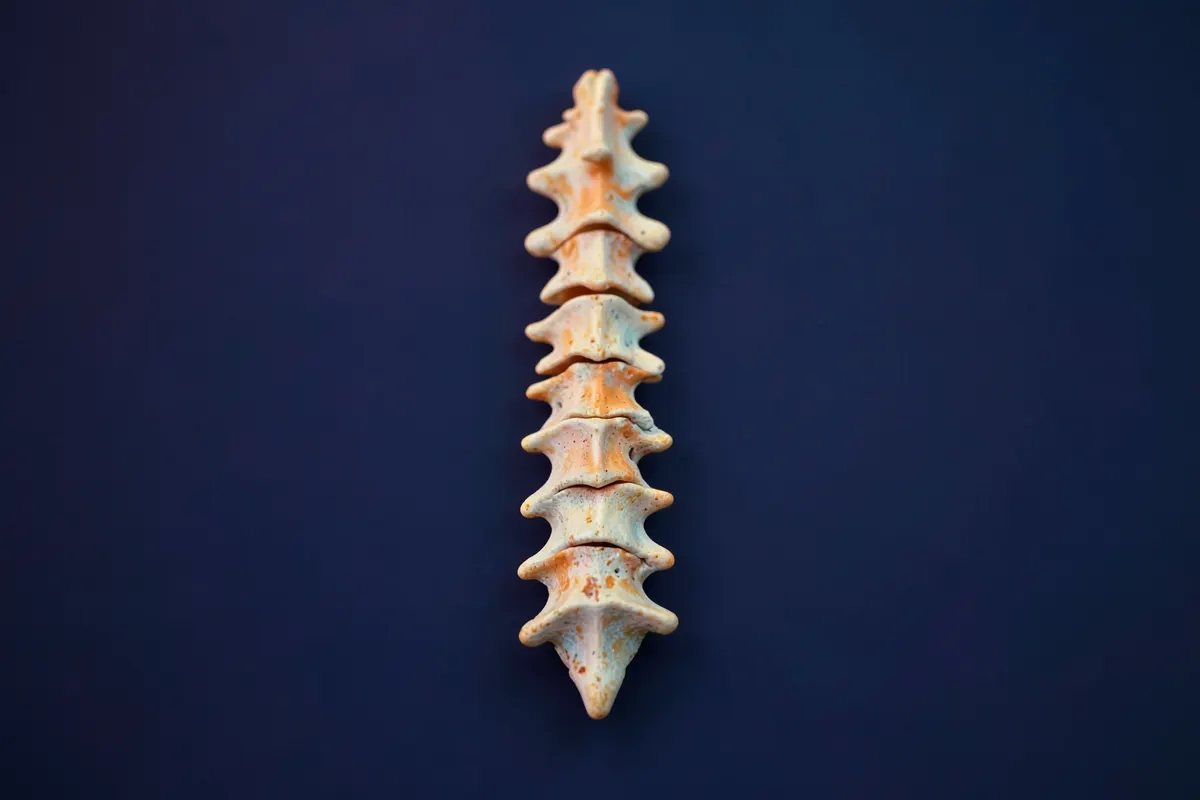 Vista aérea de uma coluna vertebral humana em destaque sobre um fundo azul escuro.
