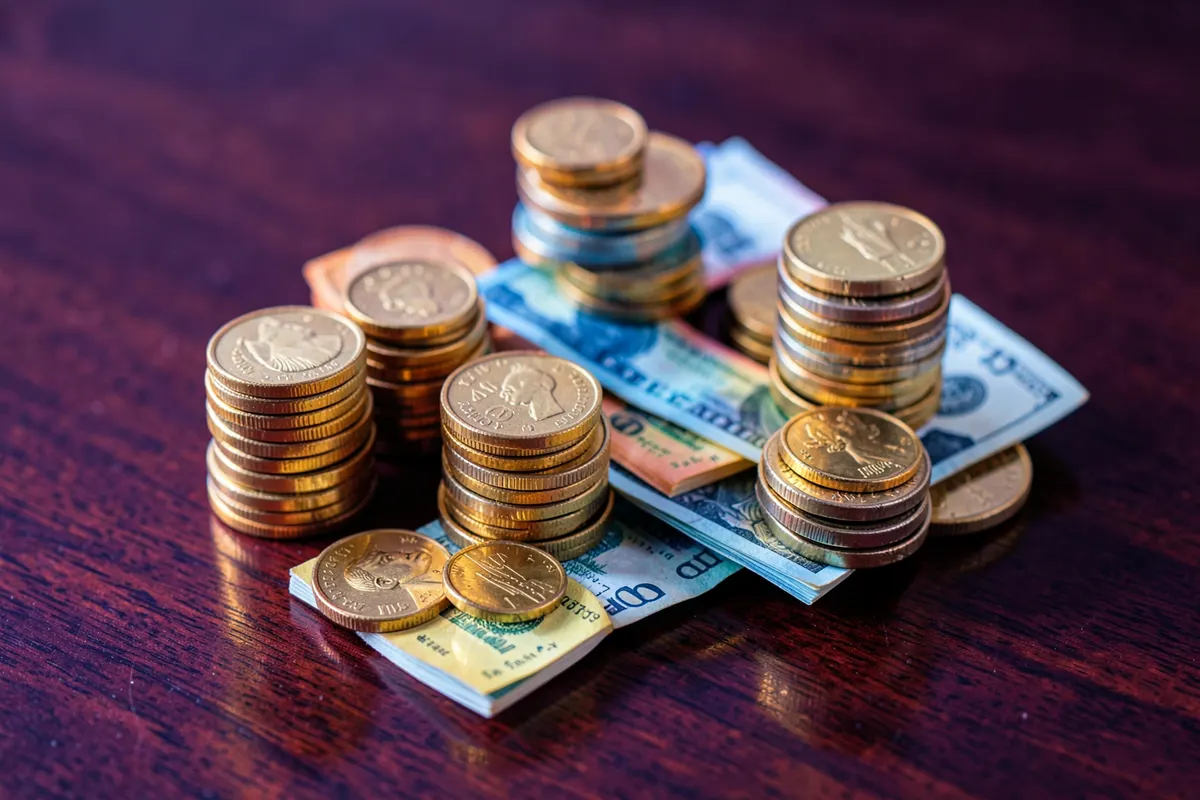 Pilhas de moedas de ouro e notas de dinheiro dobradas sobre uma superfície de madeira escura.