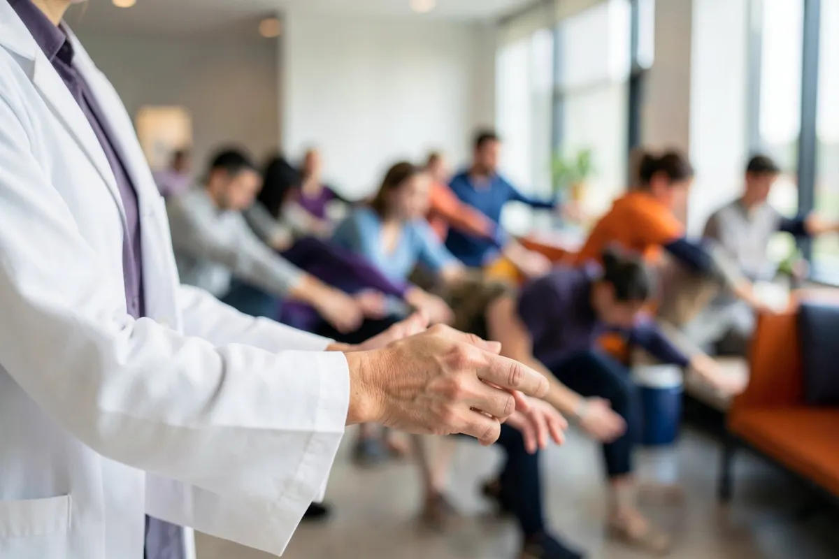 Um fisioterapeuta demonstrando exercícios de alongamento para um grupo de funcionários em um ambiente de escritório, promovendo a saúde e bem-estar no local de trabalho.