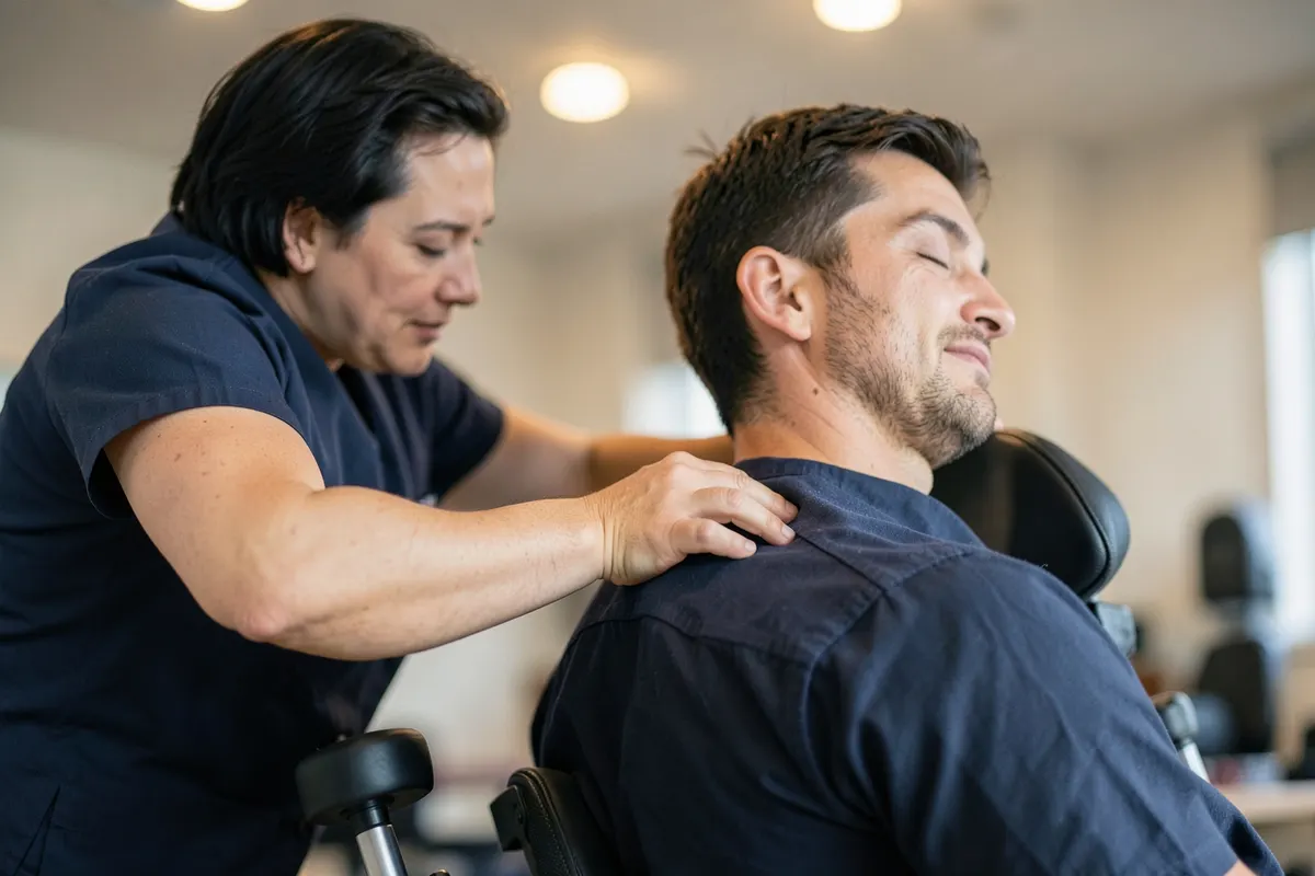 Um fisioterapeuta realizando massagem terapêutica em um funcionário sentado em uma cadeira ergonômica, aliviando a tensão muscular e o estresse no ambiente corporativo.