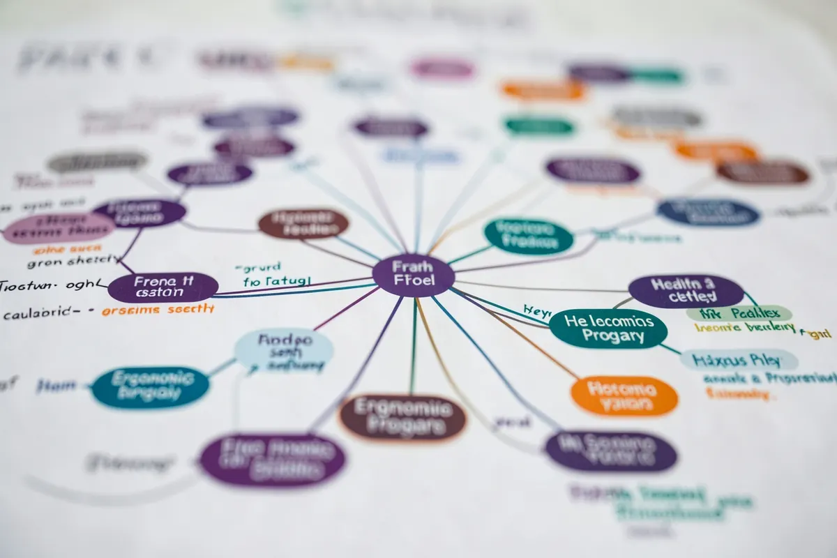 Mapa mental com os diferentes escopos de um programa de ergonomia, incluindo saúde e segurança
