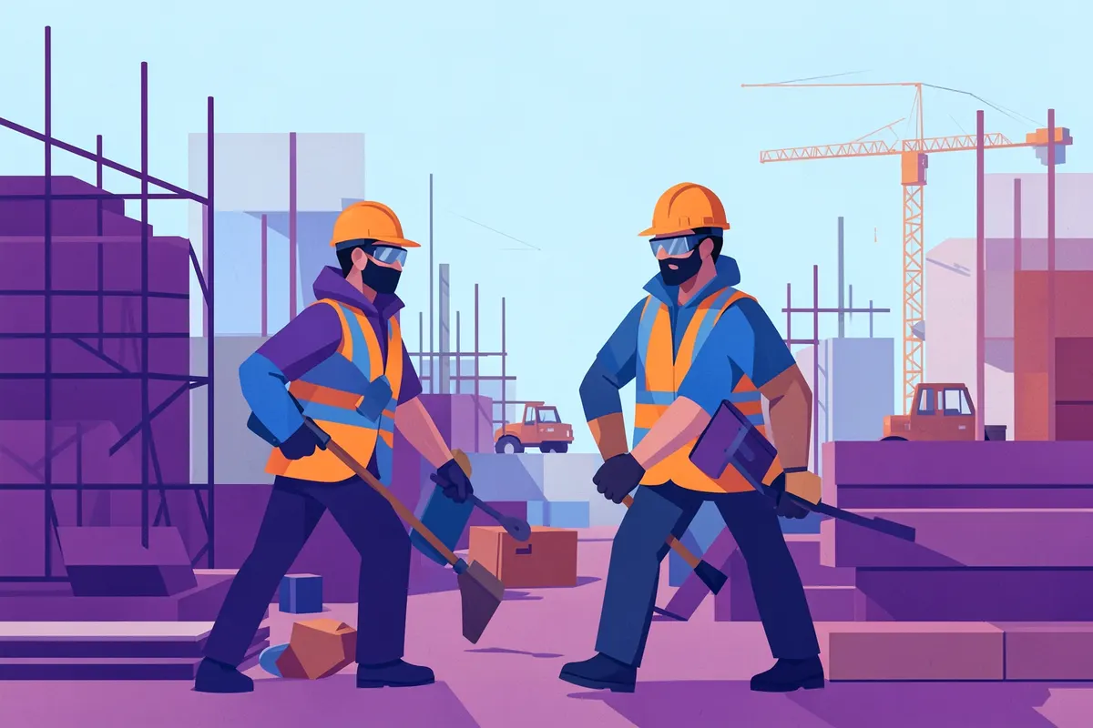 Trabalhadores usando equipamentos de proteção individual (EPIs) em um canteiro de obras.