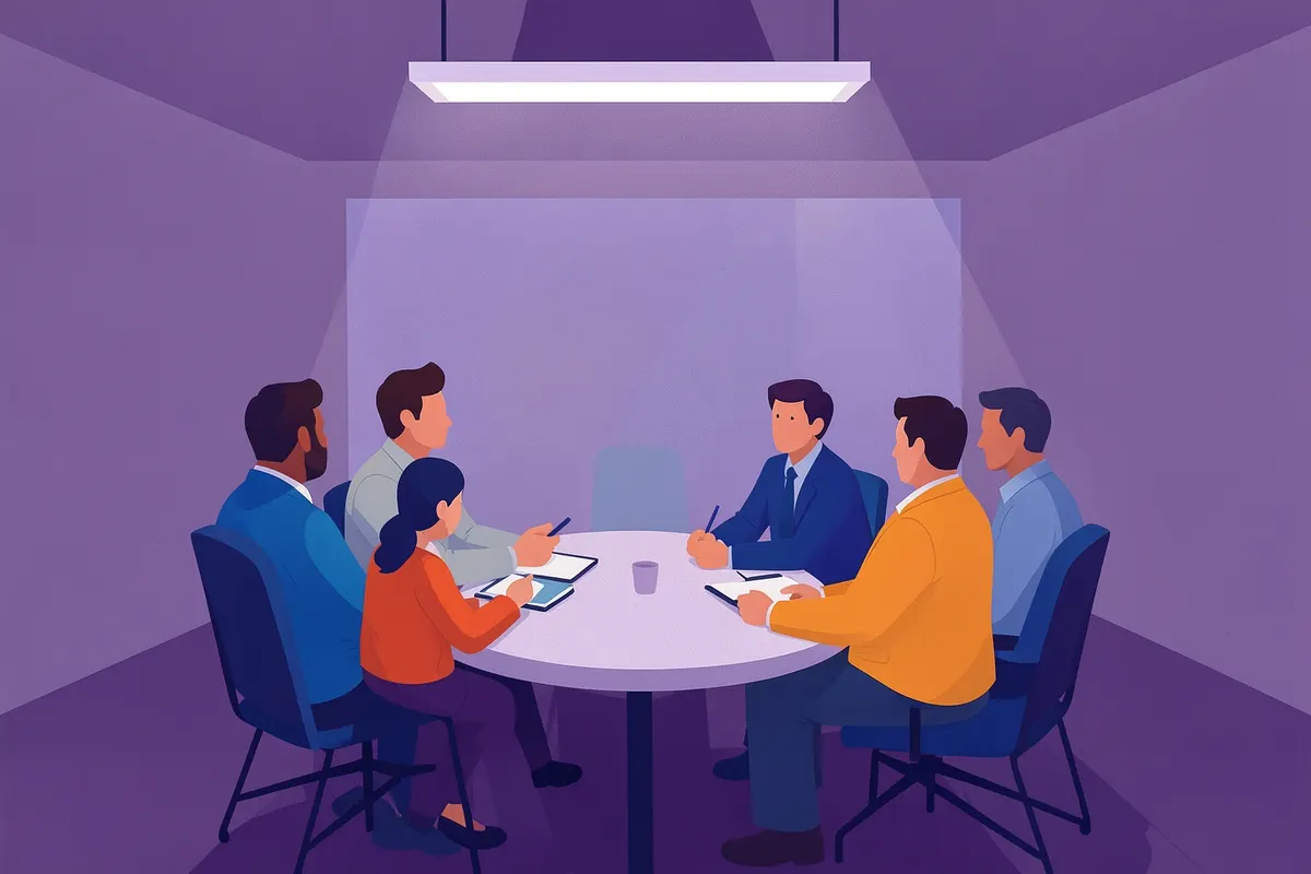 Equipe reunida em sala de reunião discutindo plano de segurança.