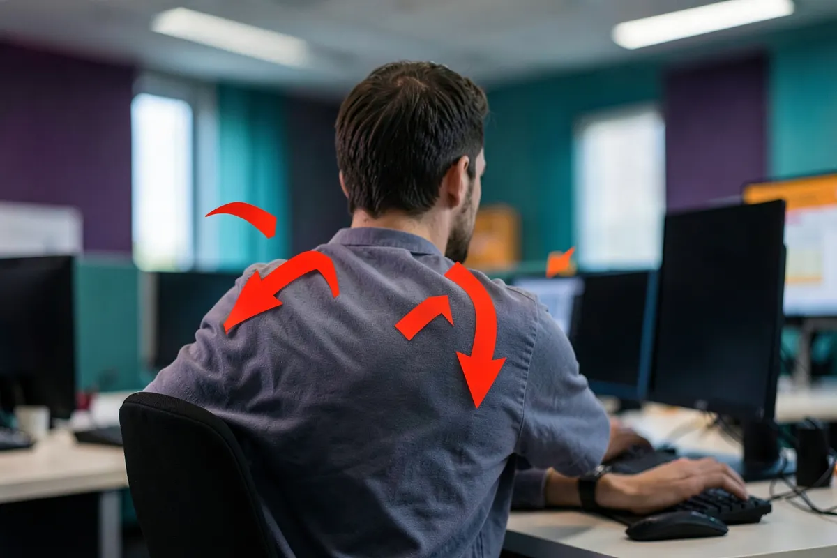 Ilustração de um trabalhador em um escritório com postura incorreta em frente a um computador, com setas vermelhas indicando pontos de tensão e desconforto.