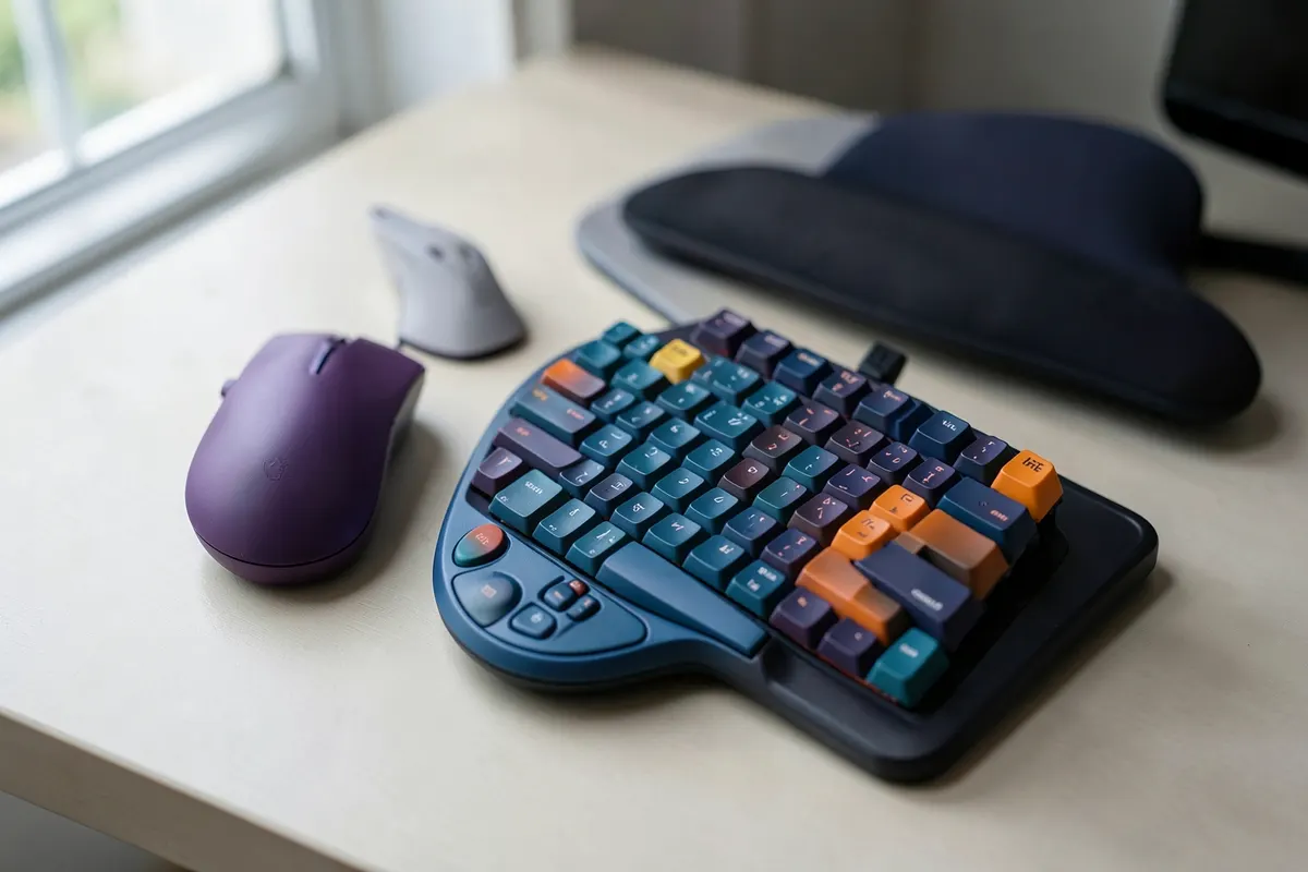 Conjunto de ferramentas ergonômicas, como mouse vertical, teclado adaptado e apoio para os pés, dispostas sobre uma mesa de escritório.