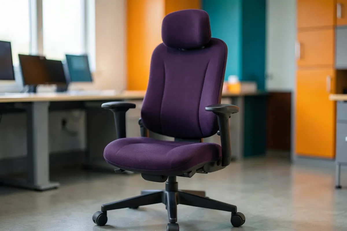 Cadeira de escritório ergonômica com suporte lombar ajustável e apoio de braços, em um ambiente de trabalho moderno.