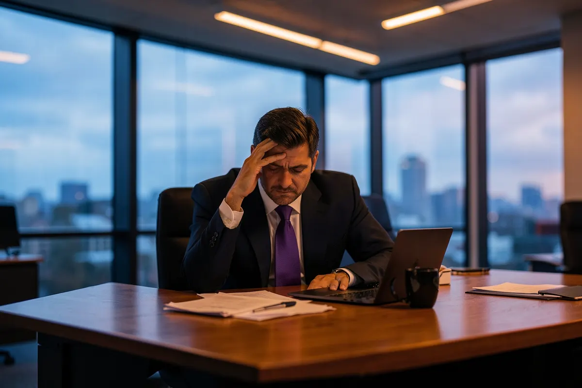 Um close-up de um homem de terno sentado em uma mesa de escritório com a mão na testa, parecendo exausto.