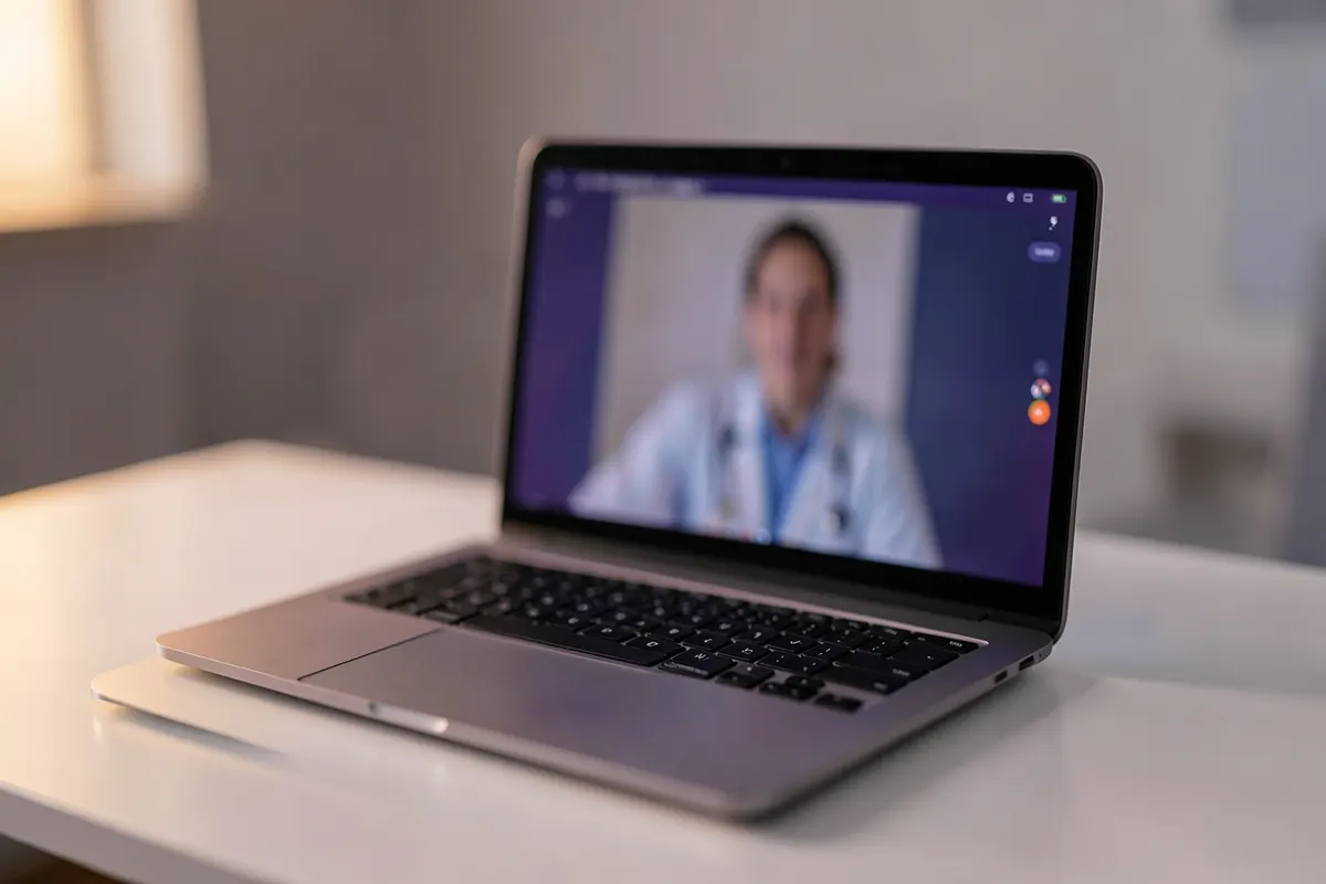 Um laptop exibindo uma interface de telemedicina com um médico na tela.