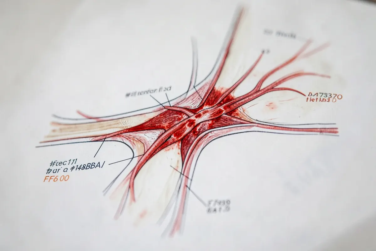 Diagrama esquemático mostrando a estrutura de um tendão e osso, com áreas de inflamação destacadas em vermelho para ilustrar a tendinite.