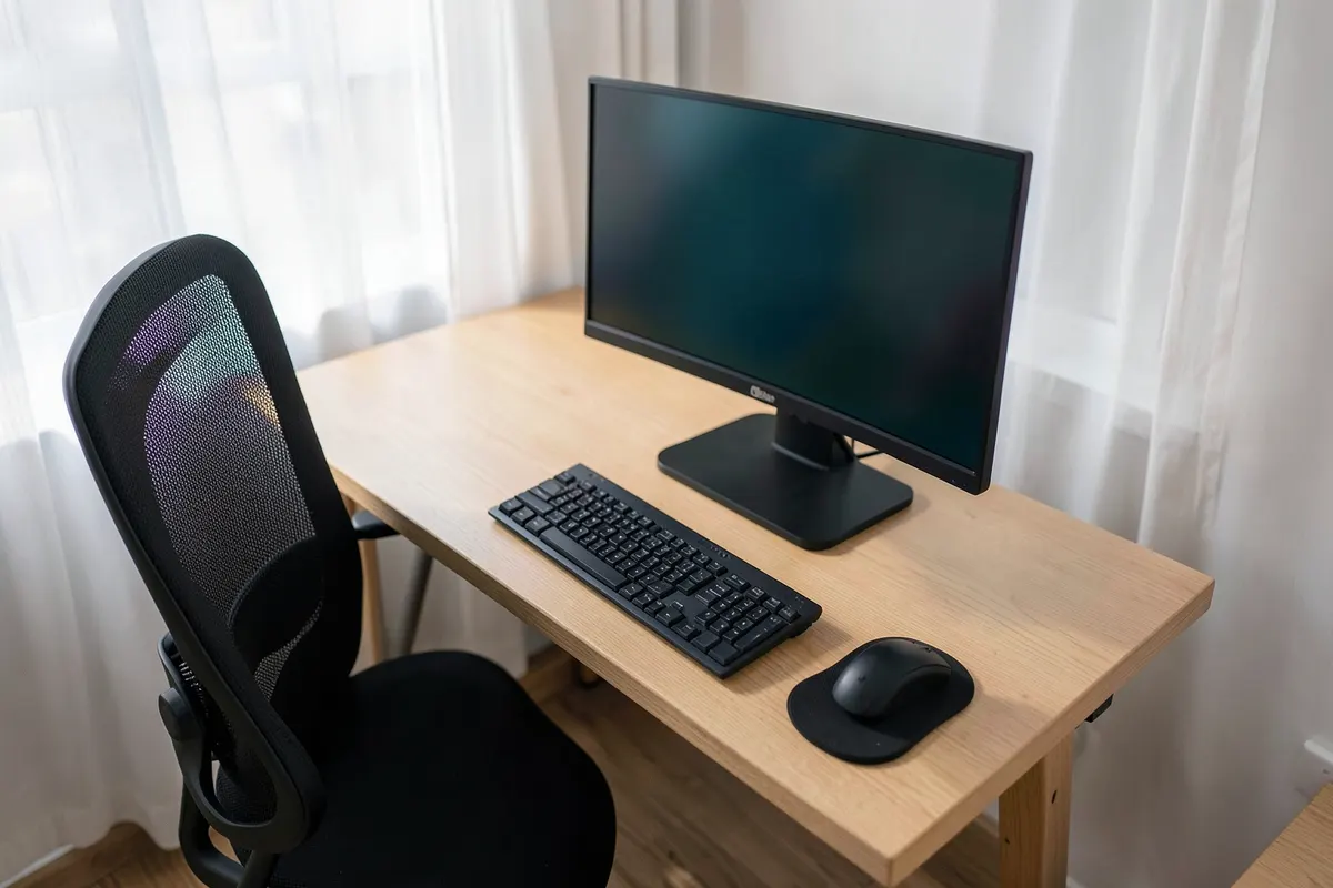 Vista aérea de uma estação de trabalho ergonômica com cadeira ajustável, teclado e mouse em posição correta, e monitor na altura dos olhos.