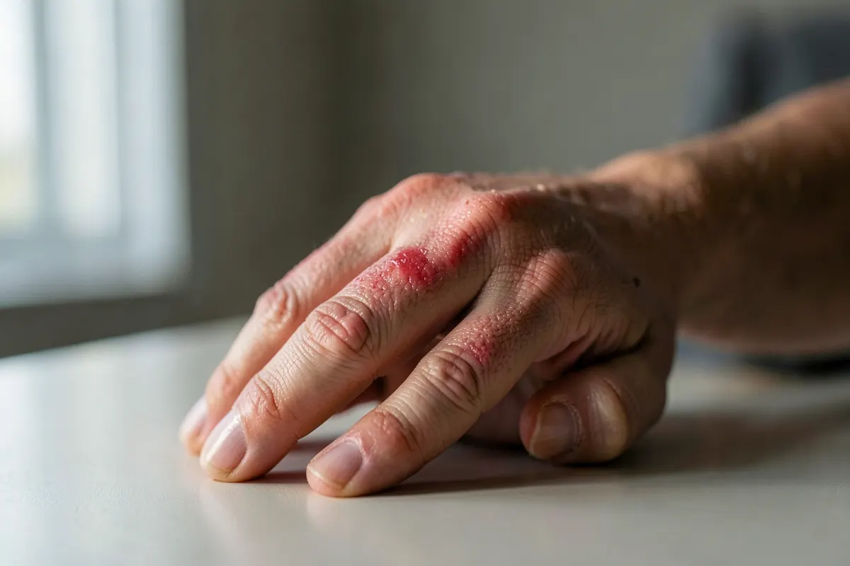 Close-up de uma mão com sinais de inchaço e vermelhidão, indicando possível inflamação ou lesão por esforço repetitivo.