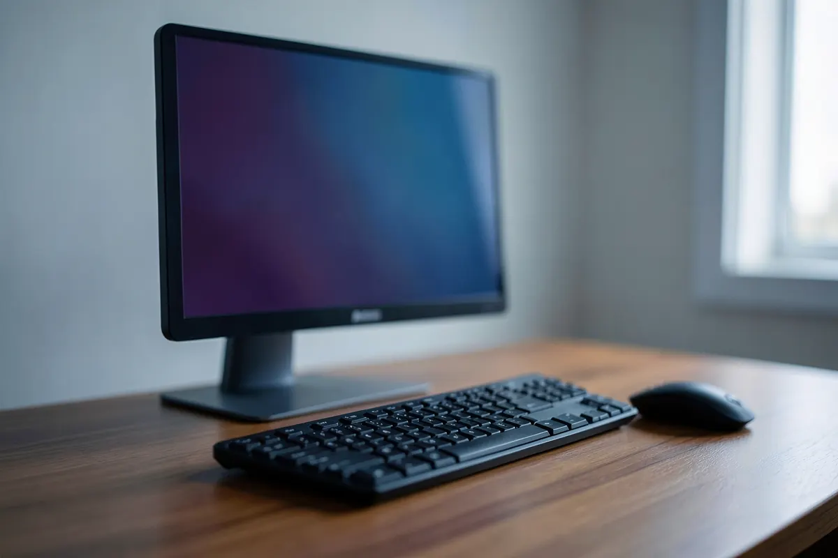 Mesa de escritório com teclado, mouse e monitor em um ambiente de trabalho.