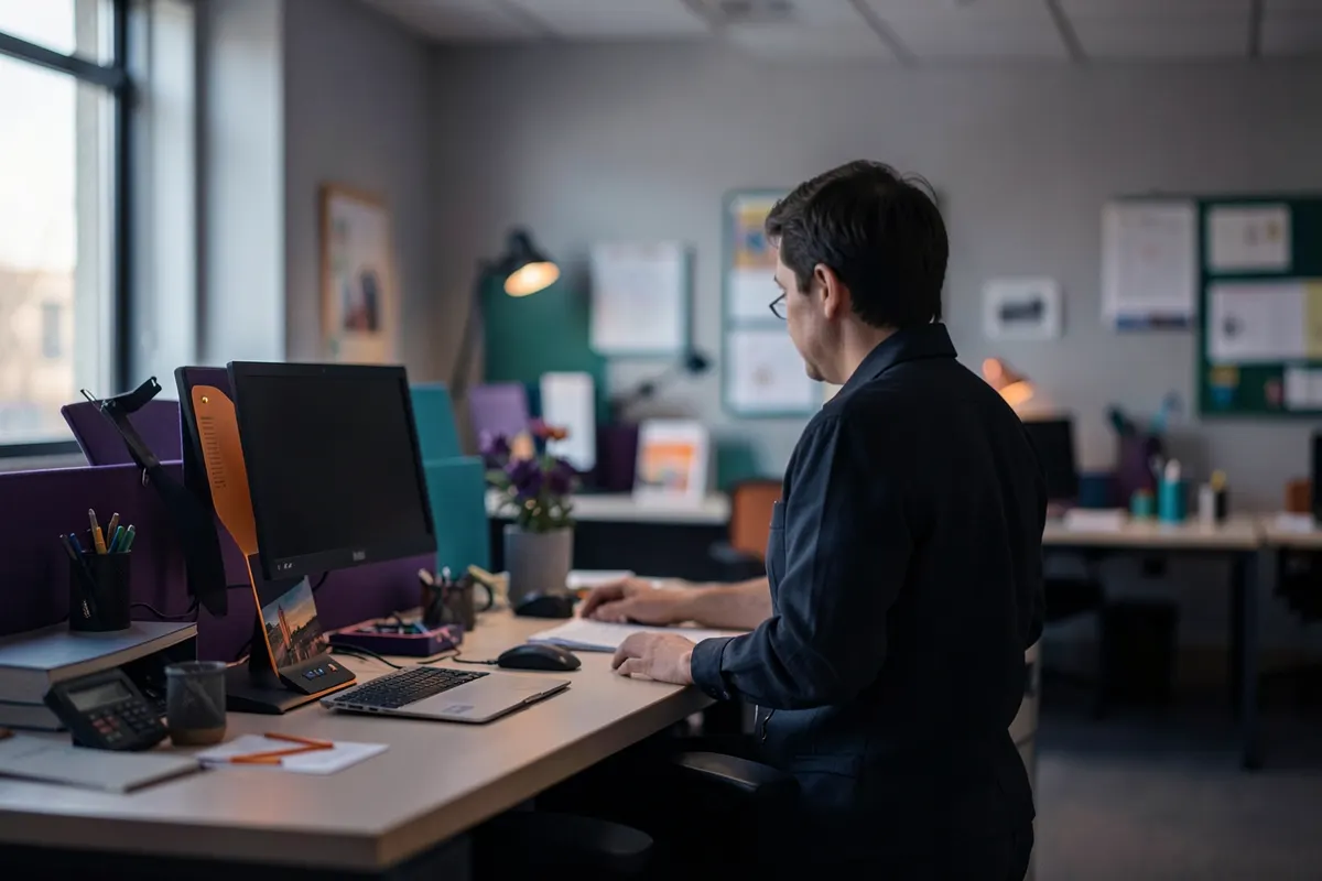 Profissional de ergonomia analisando um posto de trabalho em um escritório.