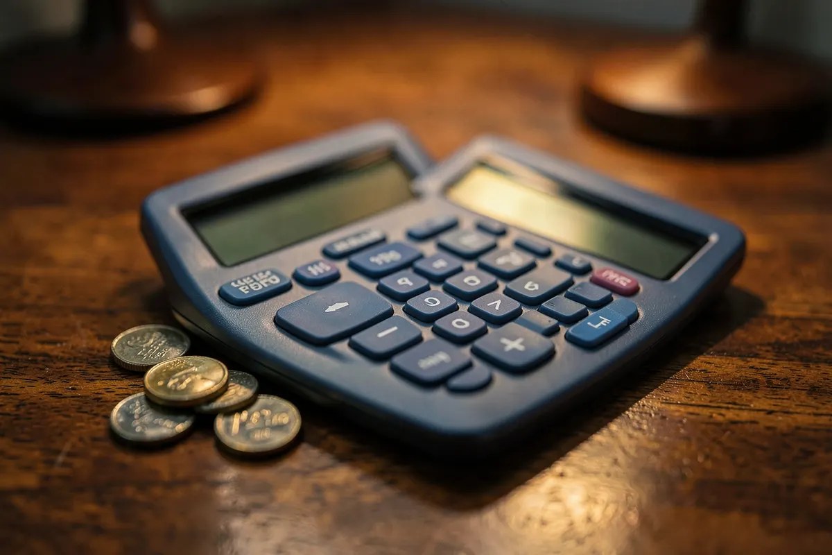 Calculadora e moedas sobre uma mesa, simbolizando o custo de um diagnóstico ergonômico.