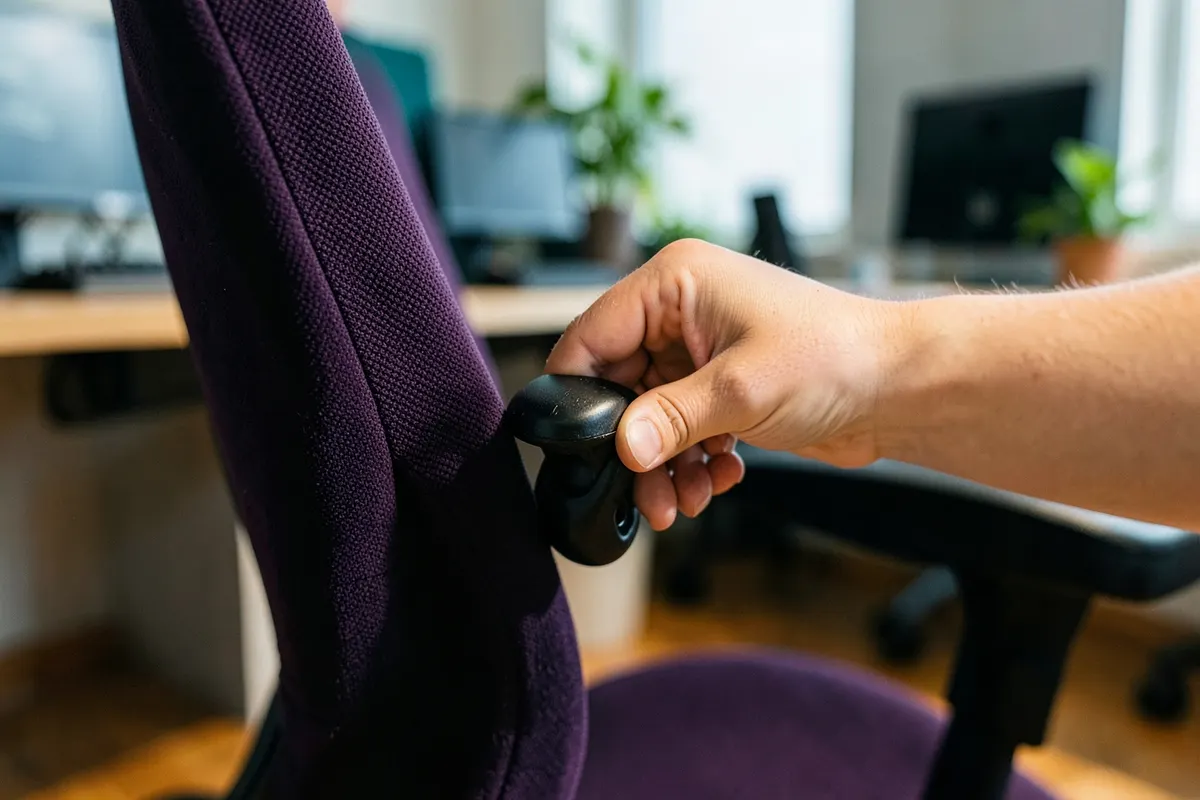 Pessoa ajustando a altura de uma cadeira de escritório ergonômica.